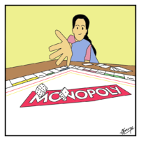 A woman rolling dice on a board with "Monopoly" written over it